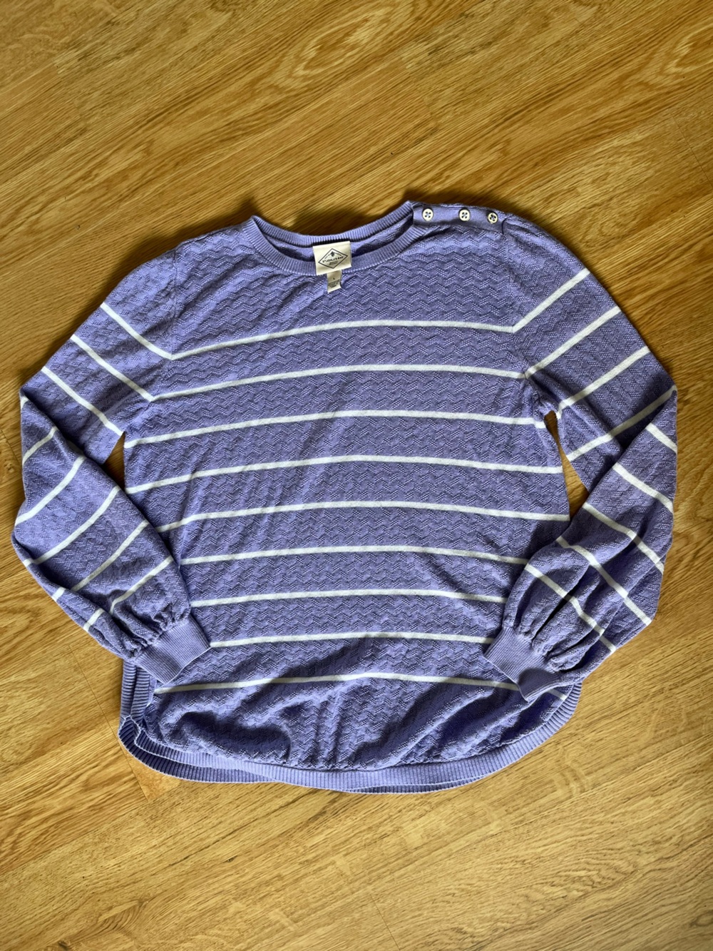 St. John's Bay Lavender and White Striped Crewneck Sweater with Shoulder Buttons
